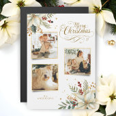 Elegant Gold Frohe Weihnachten Botanisches 3-Foto Magnetkarte