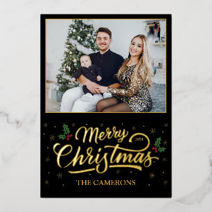 Elegant Gold Frohe Weihnachten, Holly Berry Folien Feiertagskarte