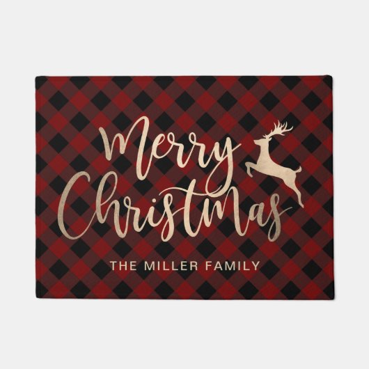 Elegant Gold Frohe Weihnachten Schwarz & Rot Karie Fußmatte (Vorderseite)