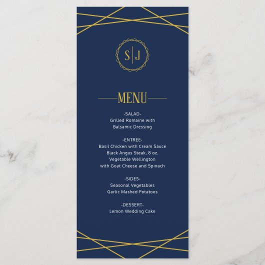 Elegant Gold Geometric | Dark Blue Wedding Menu Menükarte (Vorderseite)