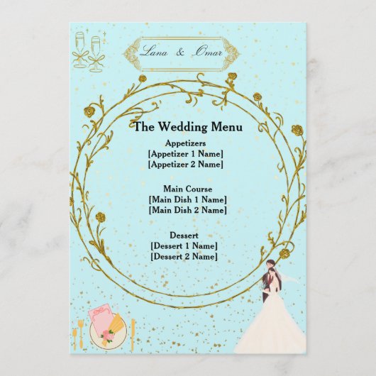 Elegant Gold Geometric Dusty Blue Wedding Menu Menükarte (Vorderseite)