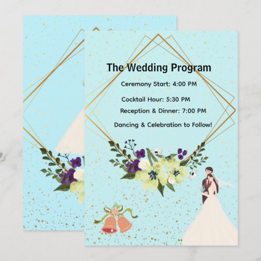 Elegant Gold Geometric Dusty Blue Wedding Program  Programm (Vorne/Hinten)