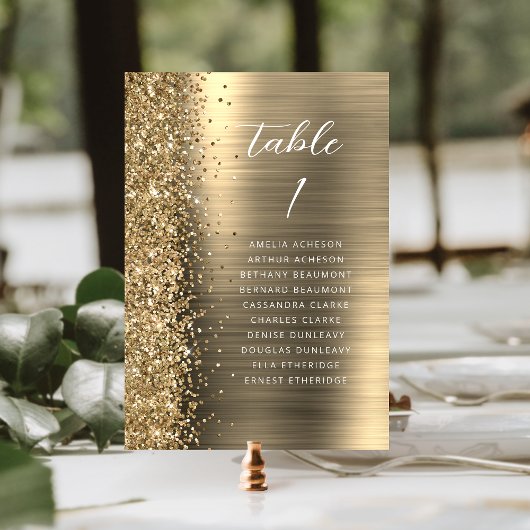 Elegant Gold Glam Glitter Metallic Script Wedding Tischnummer