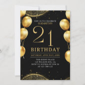 Elegant Gold Glitter Birthday 21th with Balloons Einladung (Vorderseite)