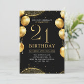 Elegant Gold Glitter Birthday 21th with Balloons Einladung (Stehend Vorderseite)