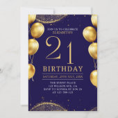 Elegant Gold Glitter Birthday 21th with Balloons Einladung (Vorderseite)