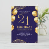 Elegant Gold Glitter Birthday 21th with Balloons Einladung (Stehend Vorderseite)