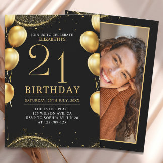 Elegant Gold Glitter Birthday 21th with Balloons Einladung