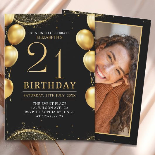 Elegant Gold Glitter Birthday 21th with Balloons Einladung