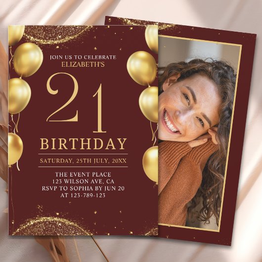 Elegant Gold Glitter Birthday 21th with Balloons Einladung