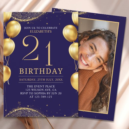 Elegant Gold Glitter Birthday 21th with Balloons Einladung