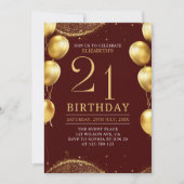 Elegant Gold Glitter Birthday 21th with Balloons Einladung (Vorderseite)