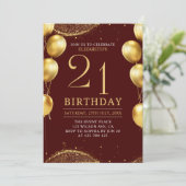 Elegant Gold Glitter Birthday 21th with Balloons Einladung (Stehend Vorderseite)