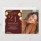 Elegant Gold Glitter Birthday 21th With Photo Einladung (Vorderseite)