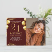 Elegant Gold Glitter Birthday 21th With Photo Einladung (Stehend Vorderseite)