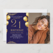 Elegant Gold Glitter Birthday 21th With Photo Einladung (Vorderseite)