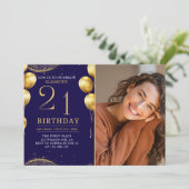 Elegant Gold Glitter Birthday 21th With Photo Einladung (Stehend Vorderseite)
