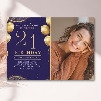 Elegant Gold Glitter Birthday 21th With Photo Einladung