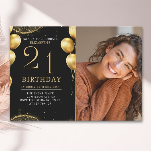 Elegant Gold Glitter Birthday 21th With Photo Einladung