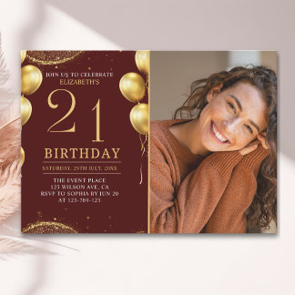 Elegant Gold Glitter Birthday 21th With Photo Einladung