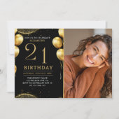 Elegant Gold Glitter Birthday 21th With Photo Einladung (Vorderseite)