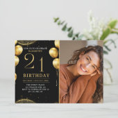 Elegant Gold Glitter Birthday 21th With Photo Einladung (Stehend Vorderseite)