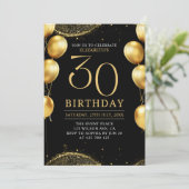 Elegant Gold Glitter Birthday 30th with Balloons Einladung (Stehend Vorderseite)