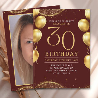 Elegant Gold Glitter Birthday 30th with Balloons Einladung