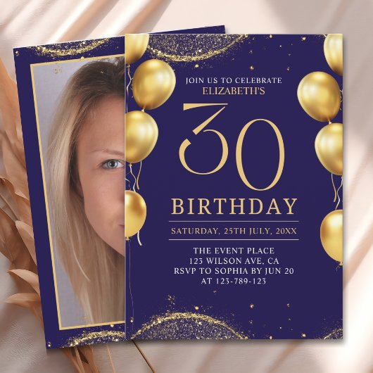 Elegant Gold Glitter Birthday 30th with Balloons Einladung