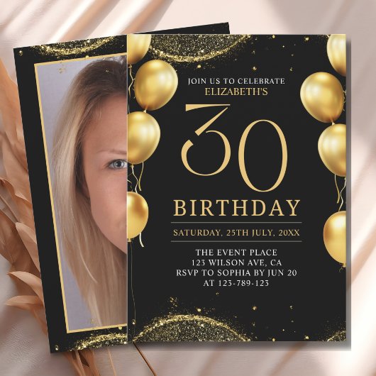 Elegant Gold Glitter Birthday 30th with Balloons Einladung