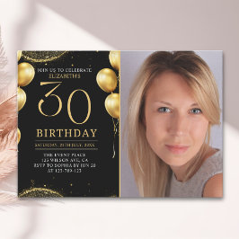 Elegant Gold Glitter Birthday 30th With Photo Einladung
