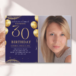 Elegant Gold Glitter Birthday 30th With Photo Einladung