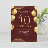 Elegant Gold Glitter Birthday 40th with Balloons Einladung (Stehend Vorderseite)
