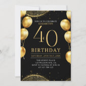 Elegant Gold Glitter Birthday 40th with Balloons Einladung (Vorderseite)