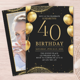Elegant Gold Glitter Birthday 40th with Balloons Einladung