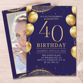 Elegant Gold Glitter Birthday 40th with Balloons Einladung