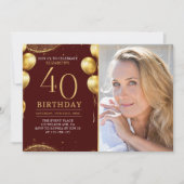 Elegant Gold Glitter Birthday 40th With Photo Einladung (Vorderseite)