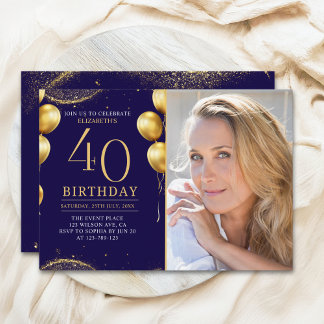 Elegant Gold Glitter Birthday 40th With Photo Einladung