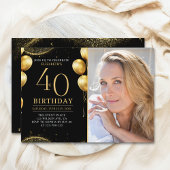 Elegant Gold Glitter Birthday 40th With Photo Einladung
