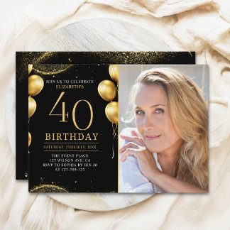 Elegant Gold Glitter Birthday 40th With Photo Einladung