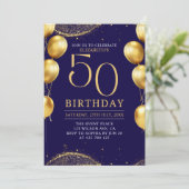 Elegant Gold Glitter Birthday 50th with Balloons Einladung (Stehend Vorderseite)