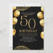 Elegant Gold Glitter Birthday 50th with Balloons Einladung (Vorderseite)