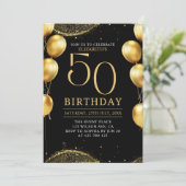 Elegant Gold Glitter Birthday 50th with Balloons Einladung (Stehend Vorderseite)
