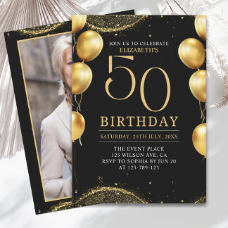 Elegant Gold Glitter Birthday 50th with Balloons Einladung