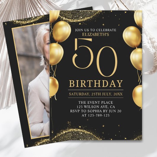Elegant Gold Glitter Birthday 50th with Balloons Einladung