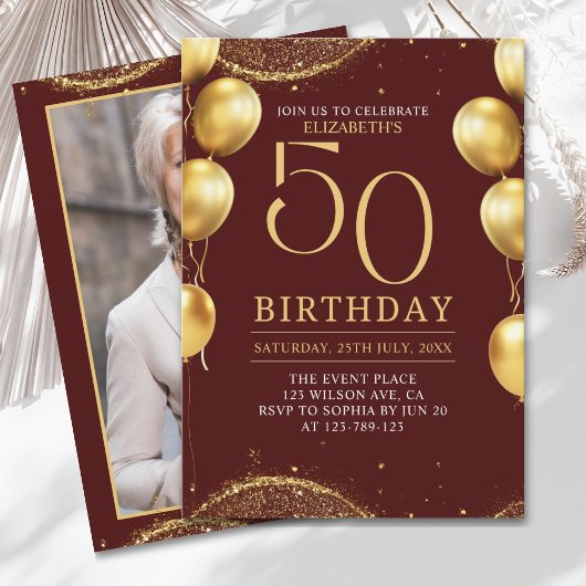 Elegant Gold Glitter Birthday 50th with Balloons Einladung