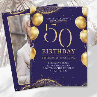 Elegant Gold Glitter Birthday 50th with Balloons Einladung