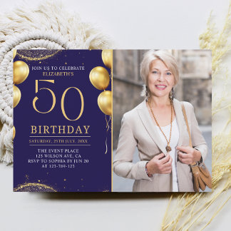 Elegant Gold Glitter Birthday 50th With Photo Einladung