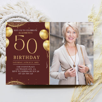 Elegant Gold Glitter Birthday 50th With Photo Einladung