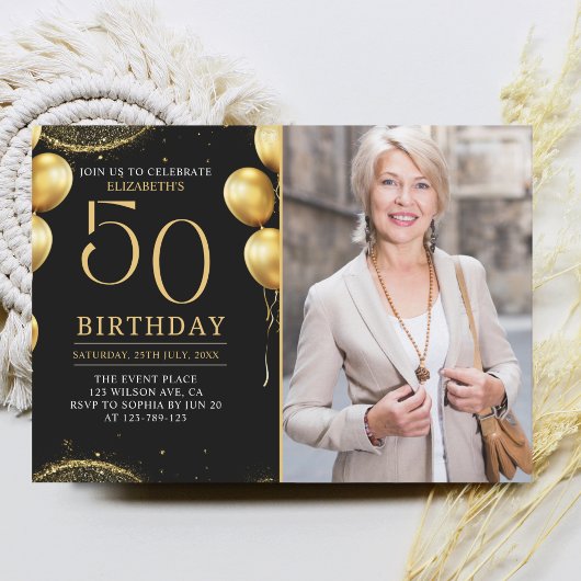 Elegant Gold Glitter Birthday 50th With Photo Einladung